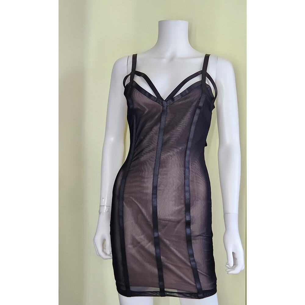 BEBE Corset Bodycon Dress Womens Small Black Mesh Backless Sheer Lined Sexy Glam